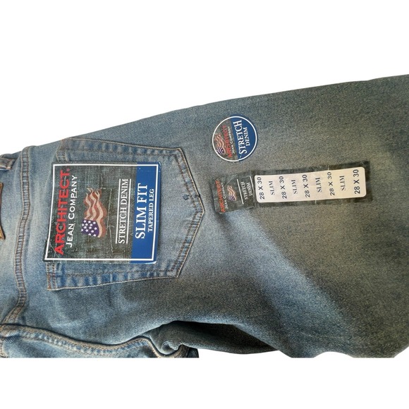 Architect Jean Company 28x30 Blue Stretch Denim Slim Fit Five Pocket Tapered Leg - Picture 4 of 11
